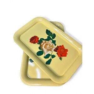 Vintage Yellow Rose Metal Trays Set of 2 - Lithograph Floral Snack Serving Trays